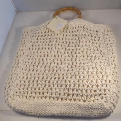 Sale Photo Thumbnail #897: Hand Knitted Mesh Bag with Bamboo Handles- New with Tag- Approx 17 1/2" x 15 3/4" (#7)