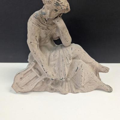 Sale Photo Thumbnail #1614: Antique Metal Clock Topper Statue Classical Woman With Harp