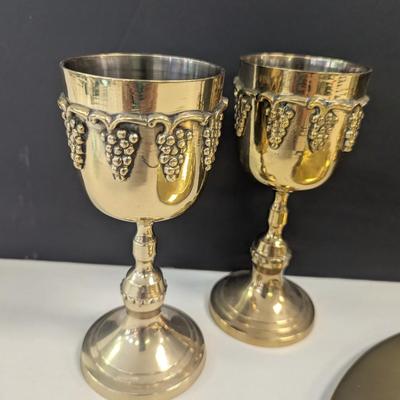 Sale Photo Thumbnail #1636: Vintage Brass Goblets With Ornate Grape Design Made In India & Lacquered In USA