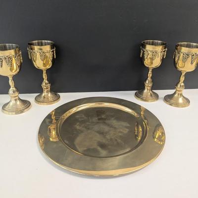Sale Photo Thumbnail #1635: Vintage Brass Goblets With Ornate Grape Design Made In India & Lacquered In USA