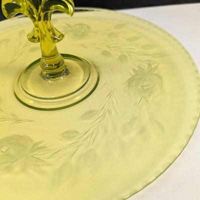 Sale Photo Thumbnail #236: Fostoria Canary Yellow Vaseline Fleur De Lis Center Handled Server