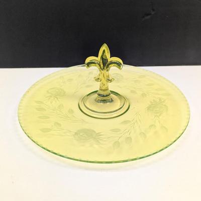 Sale Photo Thumbnail #234: Fostoria Canary Yellow Vaseline Fleur De Lis Center Handled Server