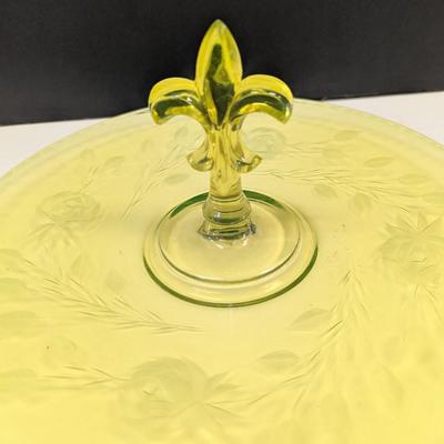 Sale Photo Thumbnail #235: Fostoria Canary Yellow Vaseline Fleur De Lis Center Handled Server