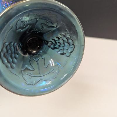 Sale Photo Thumbnail #270: Indiana Carnival Glass Iridescent Blue Harvest Grape Lidded Compote