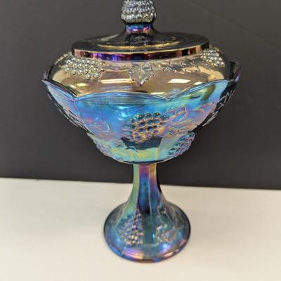 Sale Photo Thumbnail #265: Indiana Carnival Glass Iridescent Blue Harvest Grape Lidded Compote