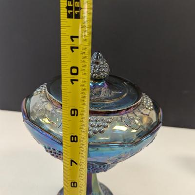 Sale Photo Thumbnail #272: Indiana Carnival Glass Iridescent Blue Harvest Grape Lidded Compote