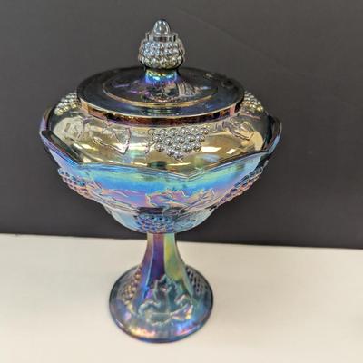 Sale Photo Thumbnail #267: Indiana Carnival Glass Iridescent Blue Harvest Grape Lidded Compote