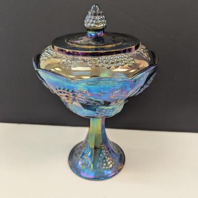 Sale Photo Thumbnail #266: Indiana Carnival Glass Iridescent Blue Harvest Grape Lidded Compote