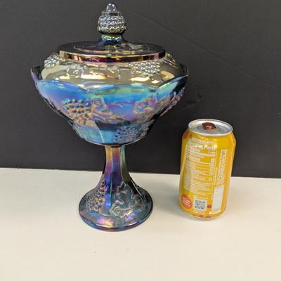 Sale Photo Thumbnail #274: Indiana Carnival Glass Iridescent Blue Harvest Grape Lidded Compote