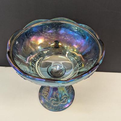 Sale Photo Thumbnail #268: Indiana Carnival Glass Iridescent Blue Harvest Grape Lidded Compote
