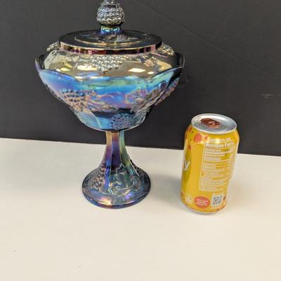 Sale Photo Thumbnail #271: Indiana Carnival Glass Iridescent Blue Harvest Grape Lidded Compote