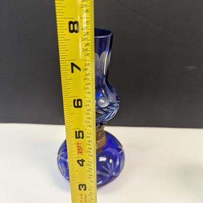 Sale Photo Thumbnail #379: Hand Cut Bohemian Style Crystal Cobalt Blue Oil Lamp #2