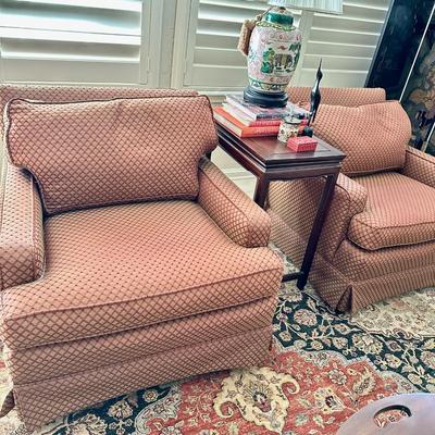 Furniture -Pair of Custom Club Chairs with Down filled upholstery, Antique Table, Elephant Ceramic lamp, Books, Decor