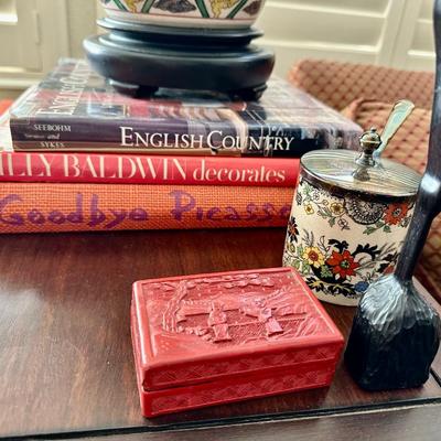 Furniture -Pair of Custom Club Chairs with Down filled upholstery, Antique Table, Elephant Ceramic lamp, Books, Decor
