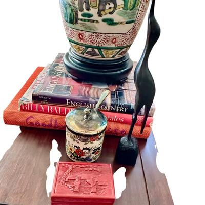 Furniture -Pair of Custom Club Chairs with Down filled upholstery, Antique Table, Elephant Ceramic lamp, Books, Decor