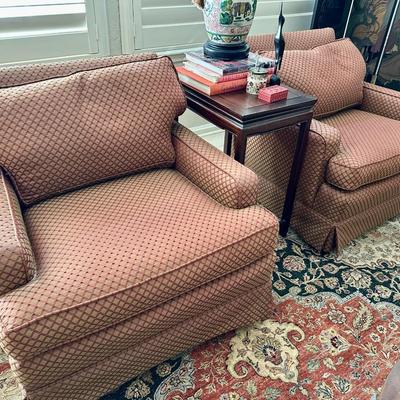 Furniture -Pair of Custom Club Chairs with Down filled upholstery, Antique Table, Elephant Ceramic lamp, Books, Decor