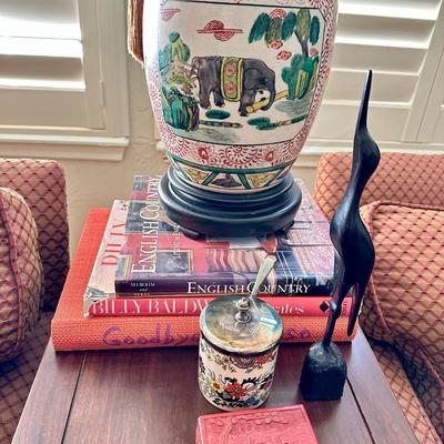 Furniture -Pair of Custom Club Chairs with Down filled upholstery, Antique Table, Elephant Ceramic lamp, Books, Decor