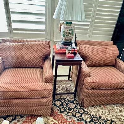 Furniture -Pair of Custom Club Chairs with Down filled upholstery, Antique Table, Elephant Ceramic lamp, Books, Decor