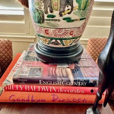 Furniture -Pair of Custom Club Chairs with Down filled upholstery, Antique Table, Elephant Ceramic lamp, Books, Decor