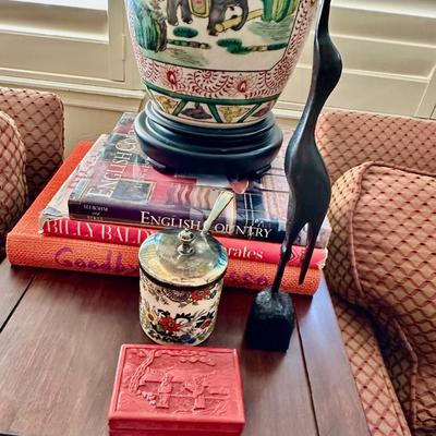 Furniture -Pair of Custom Club Chairs with Down filled upholstery, Antique Table, Elephant Ceramic lamp, Books, Decor
