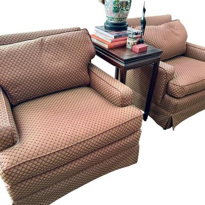 Furniture -Pair of Custom Club Chairs with Down filled upholstery, Antique Table, Elephant Ceramic lamp, Books, Decor