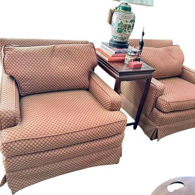 Furniture -Pair of Custom Club Chairs with Down filled upholstery, Antique Table, Elephant Ceramic lamp, Books, Decor