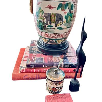 Furniture -Pair of Custom Club Chairs with Down filled upholstery, Antique Table, Elephant Ceramic lamp, Books, Decor