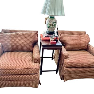 Furniture -Pair of Custom Club Chairs with Down filled upholstery, Antique Table, Elephant Ceramic lamp, Books, Decor