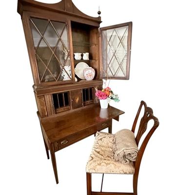 Furniture - Federal Style Inlaid Secretary with Tambour doors by Maddox of Jamestown NY w/ chair - Contents sold separately