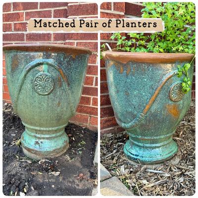Patio - Matched Pair of Green Glazed Terracotta Pots 17" X 24"
