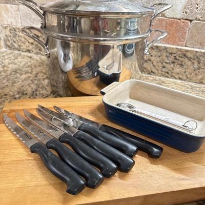 Kitchen Lot -12 - Williams Sonoma Pasta Pot & spoons Plus Le creuset pan & more