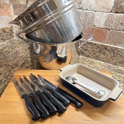Kitchen Lot -12 - Williams Sonoma Pasta Pot & spoons Plus Le creuset pan & more