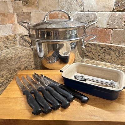 Kitchen Lot -12 - Williams Sonoma Pasta Pot & spoons Plus Le creuset pan & more
