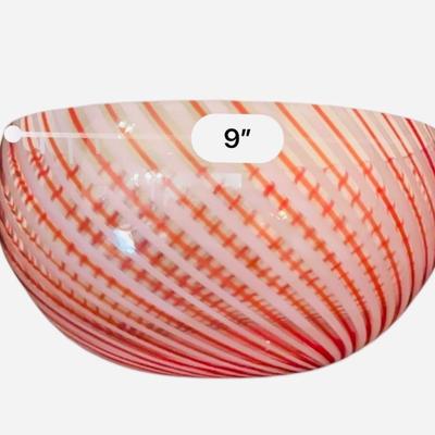 Murano Art Glass - 9” Mezza Filigrana red & white alternating rods diagonal striped
