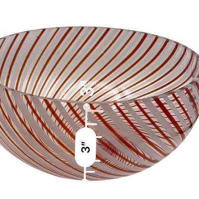 Murano Art Glass - 9” Mezza Filigrana red & white alternating rods diagonal striped