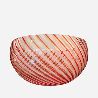Murano Art Glass - 9” Mezza Filigrana red & white alternating rods diagonal striped