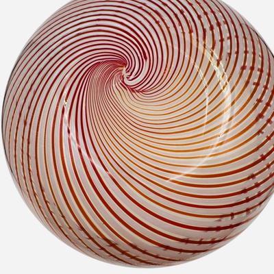 Murano Art Glass - 9” Mezza Filigrana red & white alternating rods diagonal striped