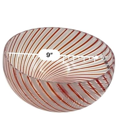 Murano Art Glass - 9” Mezza Filigrana red & white alternating rods diagonal striped