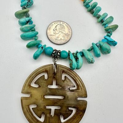 Jewelry - Turquoise & carnelian necklace w jadeite pendant
