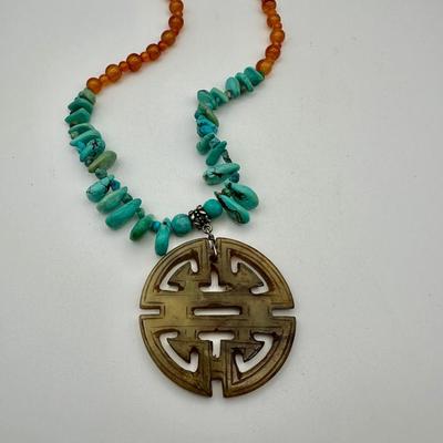 Jewelry - Turquoise & carnelian necklace w jadeite pendant