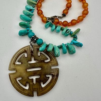Jewelry - Turquoise & carnelian necklace w jadeite pendant
