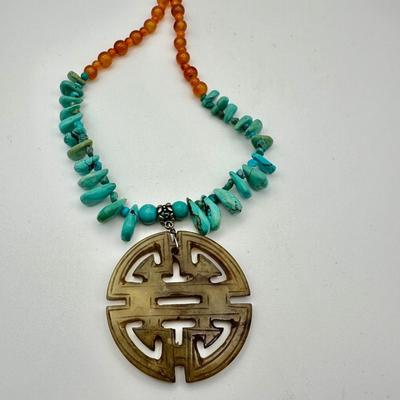 Jewelry - Turquoise & carnelian necklace w jadeite pendant
