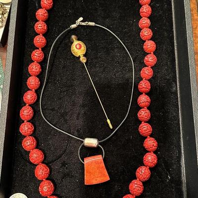 Jewelry - Coral & Carved hand knotted Cinnabar & Murano pin