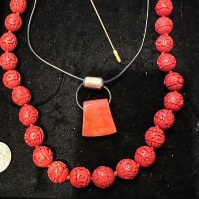 Jewelry - Coral & Carved hand knotted Cinnabar & Murano pin