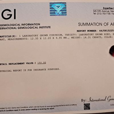 IGI CERTIFIED LAB GROWN RUBY 14.31 cts