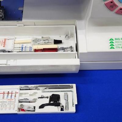 Sale Photo Thumbnail #386: This machine has been well cared for and "sews like a dream".
Vintage, computerized sewing machine, 229 stitches.
Embroidery unit has case and hoops and the embroidery arm.
Very nice condition.