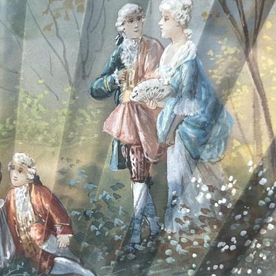 Sale Photo Thumbnail #401: Hand painted silk fan with etched mother of pearl, French courting  scene.  In a beautiful gold tone shadowbox, 23 x 15 inches.  
Retails at $300-$500