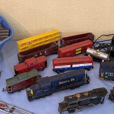 Vintage train set, mix of metal and plastic cars