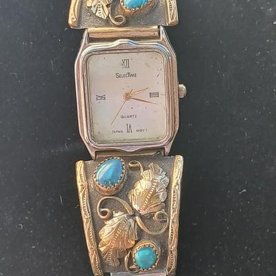 Vintage Native American Turquoise watch SelecTime Quartz marked 12KT G.F. 12 KT Gold filled