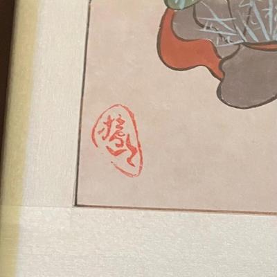 Antique 19th-Century Japanese Ukiyo-e Sumi-e Painting: Elegant Geisha with Incense Burner – Utagawa Kuniyoshi School, Framed in Rosewood